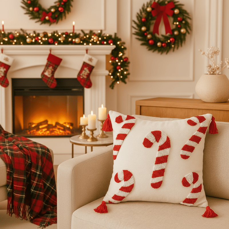 Christmas Cushion Covers, Festive Cushion Cover with Tassels and Zip, Candy Cane Christmas Decorations, 45 x 45 cm_03