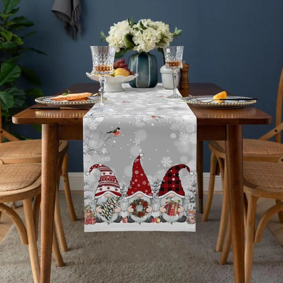 Christmas Table Runner, Linen Table Runner for Christmas with Snowflakes and Gnome, Christmas Decorations for Table_02