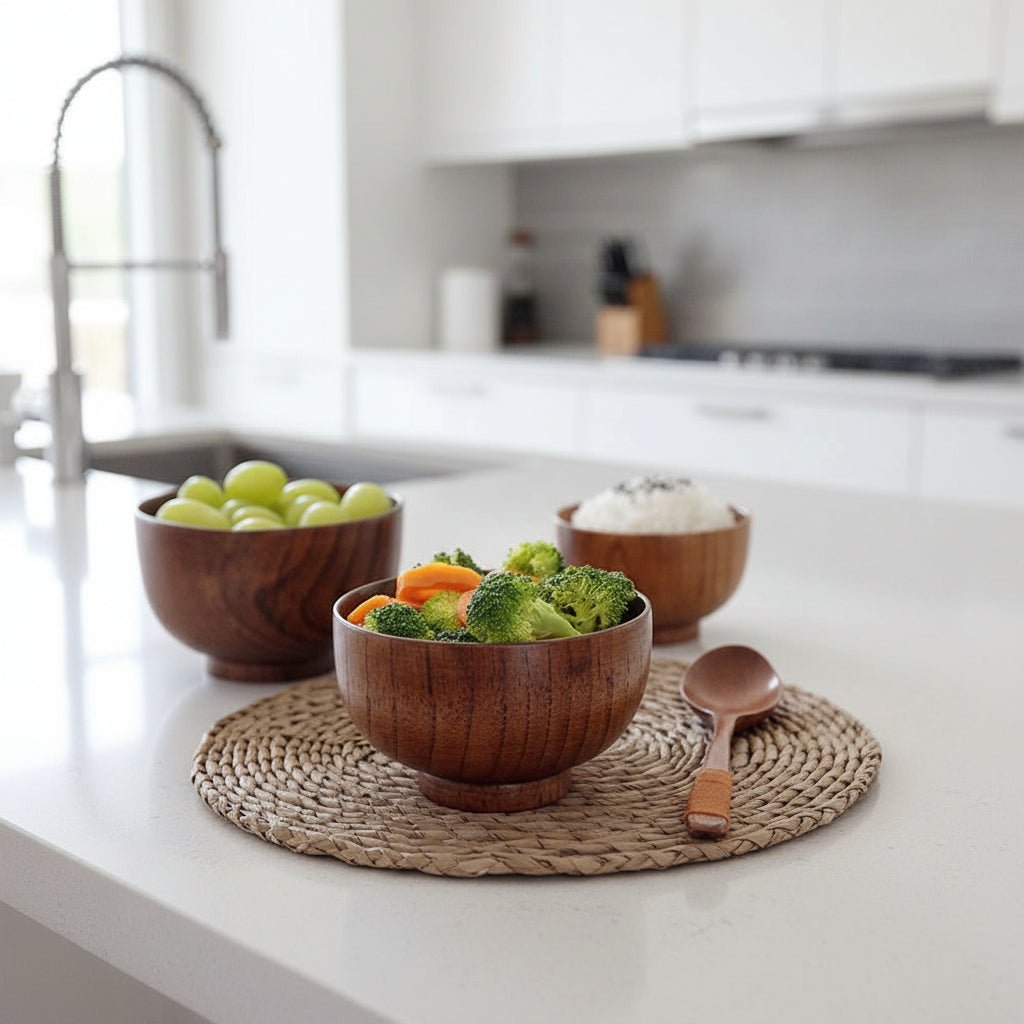 Wooden Rice Bowls, Eco Friendly Wooden Salad Bowl, Round Soup Bowl for Fruit and Snacks