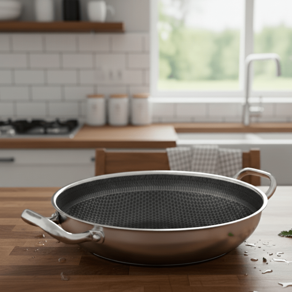 Stainless Steel Pan, 32 cm Non Stick Frying Pan with Honeycomb Base, Stainless Steel Skillet for Induction and Gas Hobs_00