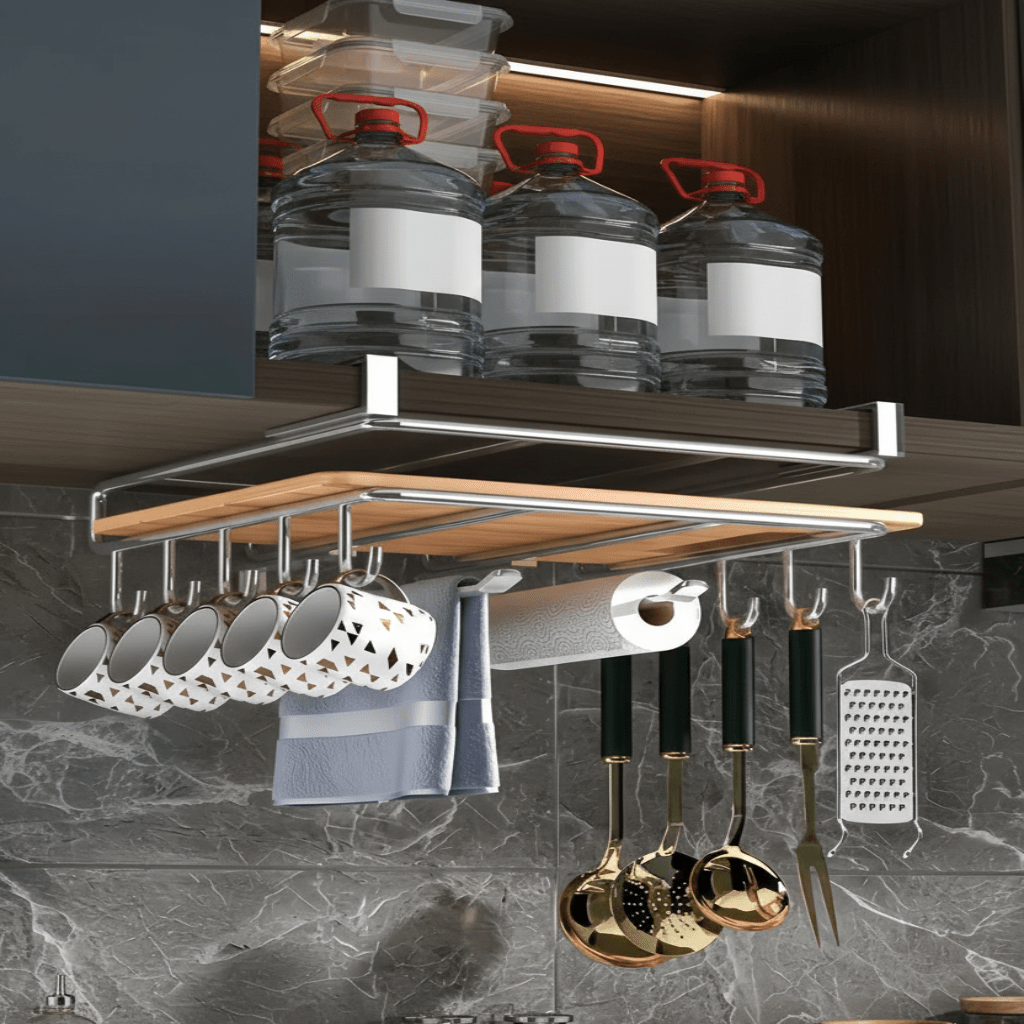 Kitchen Wall Shelf with Hooks, Stainless Steel Kitchen Shelves, Kitchen Utensil Holder, Tea Towel Holder_02