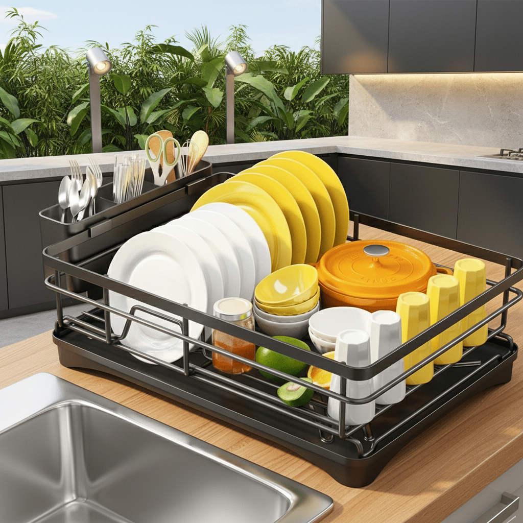 Dish Drainer with Drip Tray, Dish Drying Rack for Plates and Cutlery, Sink Drainer for Kitchen Countertop