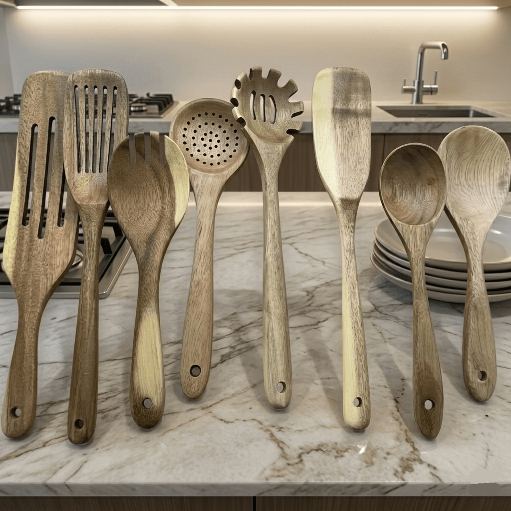 Wooden Kitchen Utensil Set, 11 Piece Wooden Utensil Set for Non Stick Pans