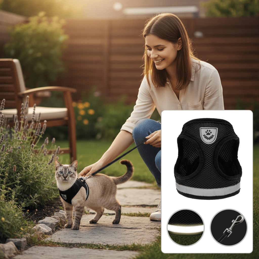 Escape Proof Cat Harness and Lead Set, Reflective Kitten Harness with 1.5 m Leash for Walking_01