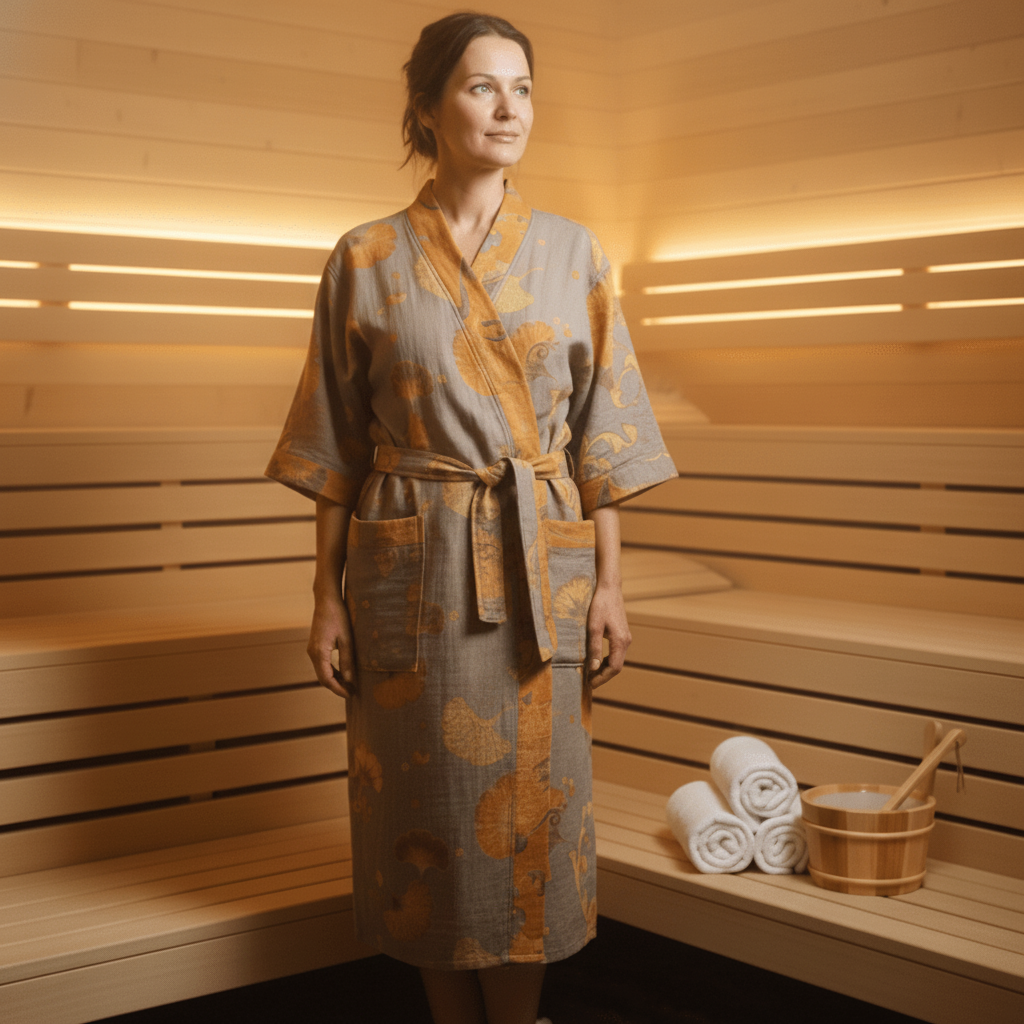 Kimono Bathrobe, Gauze Cotton Dressing Gown with Waist Tie, Reversible Kimono Robe for Loungewear, Cotton House Coat_03