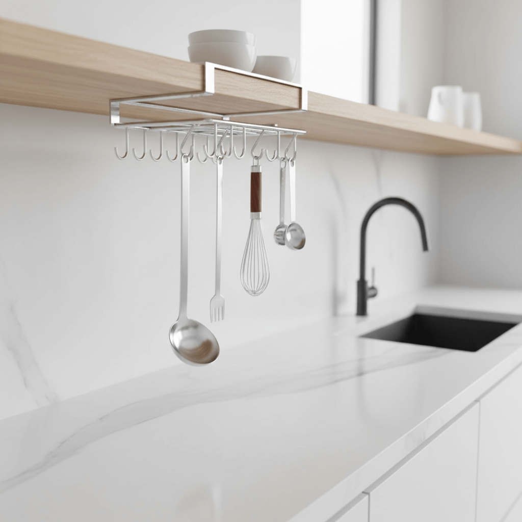 Kitchen Wall Shelf with Hooks, Stainless Steel Kitchen Shelves, Kitchen Utensil Holder, Tea Towel Holder_01