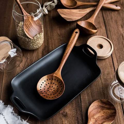Teak Wooden Kitchen Utensil Set, Wooden Spatulas, Ladle and Serving Spoon, Teak Cooking Utensils for Stirring and Frying_04