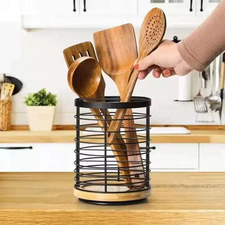 Rotating Kitchen Organiser, Lazy Susan Spice Rack for Worktop and Table, Kitchen Utensil Holder in Wood Look for Bottles_01