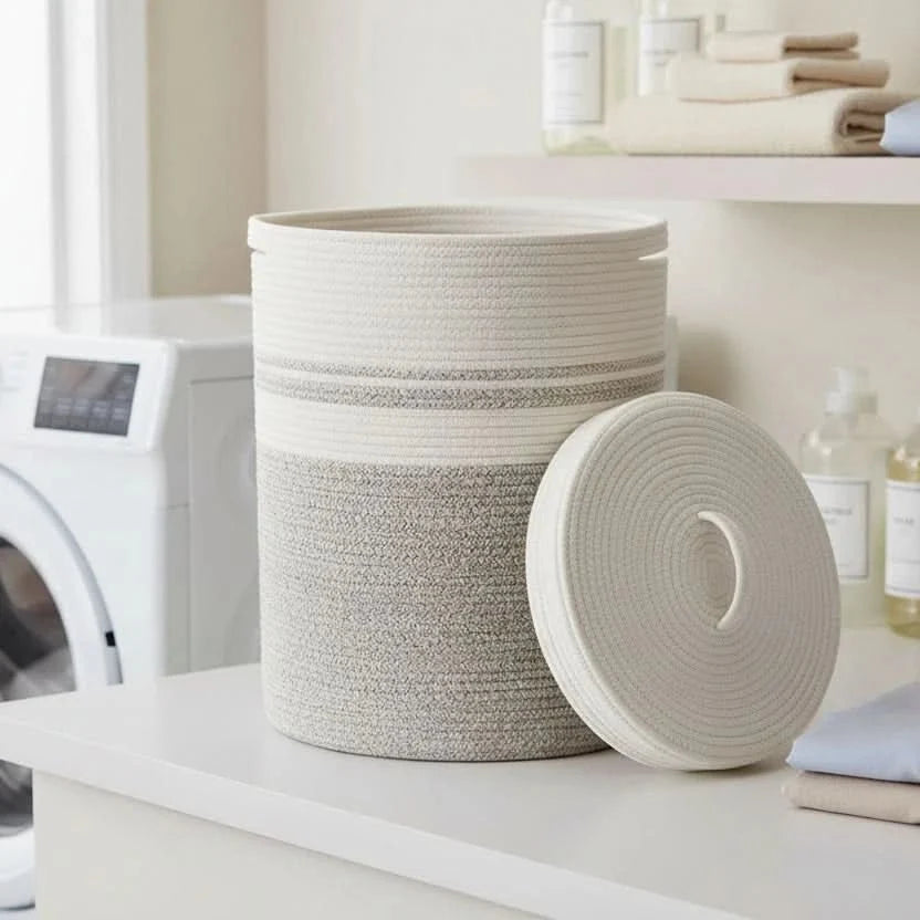 Laundry Basket with Lid, Rope Storage Basket for Blankets and Bedding, Laundry Hamper, Blanket Basket for Bedroom_00