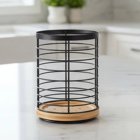 Rotating Kitchen Organiser, Lazy Susan Spice Rack for Worktop and Table, Kitchen Utensil Holder in Wood Look for Bottles