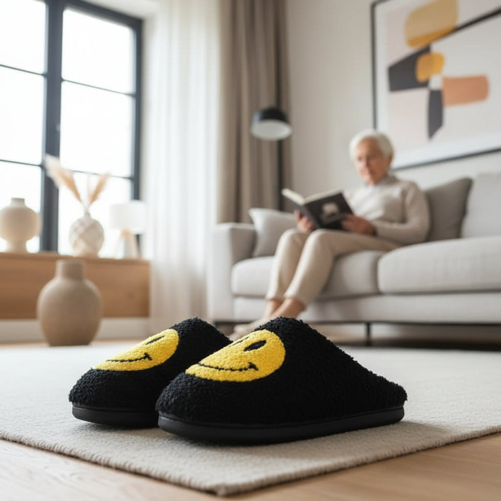 Smiley Face Slippers, Warm Winter Slippers with Faux Sherpa Lining, Indoor House Slippers with Thick Silicone Sole