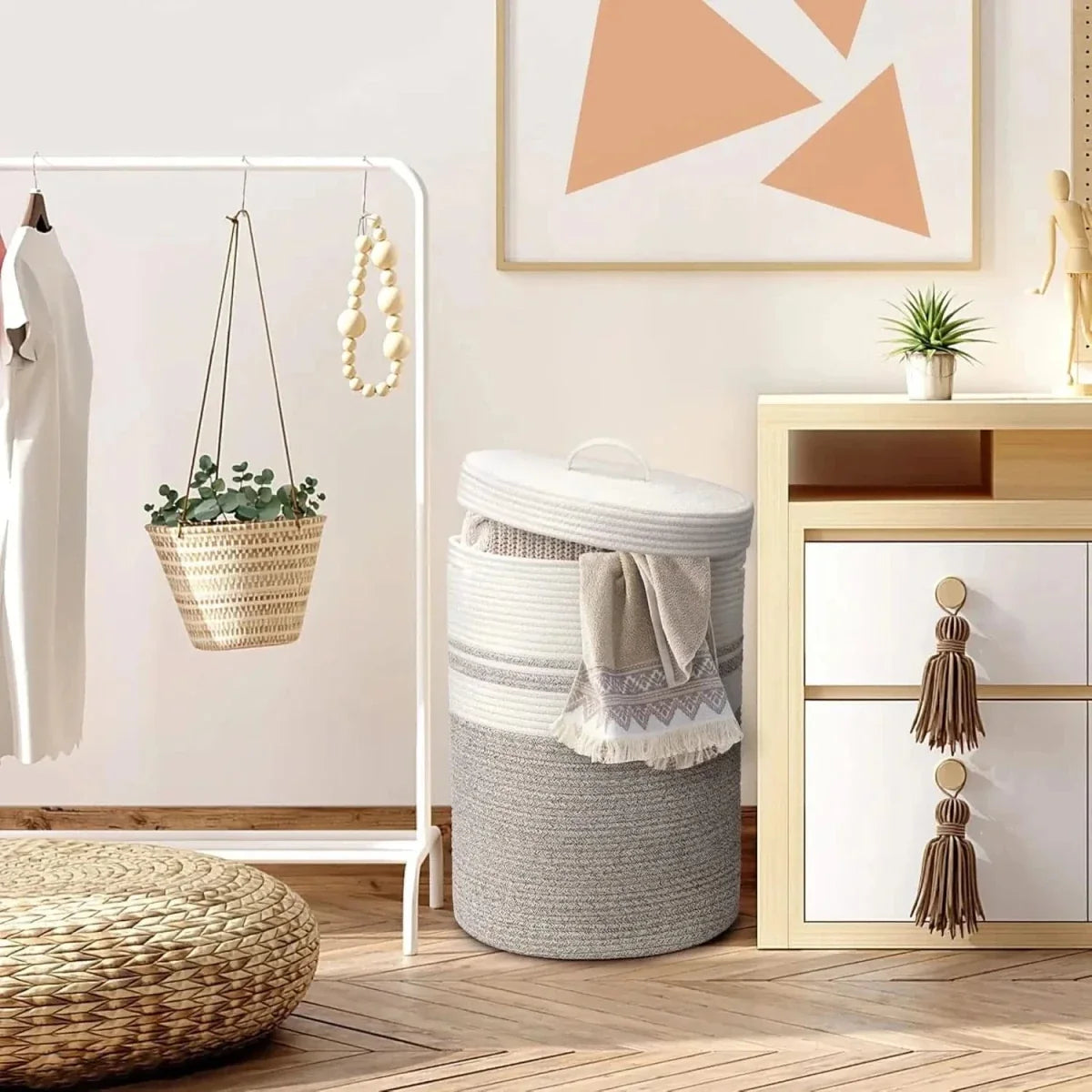 Laundry Basket with Lid, Rope Storage Basket for Blankets and Bedding, Laundry Hamper, Blanket Basket for Bedroom