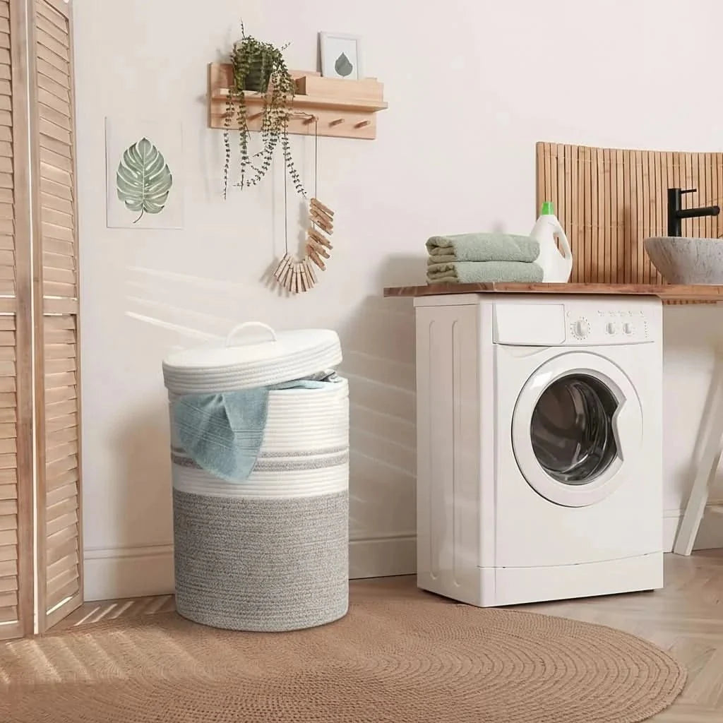 Laundry Basket with Lid, Rope Storage Basket for Blankets and Bedding, Laundry Hamper, Blanket Basket for Bedroom_02