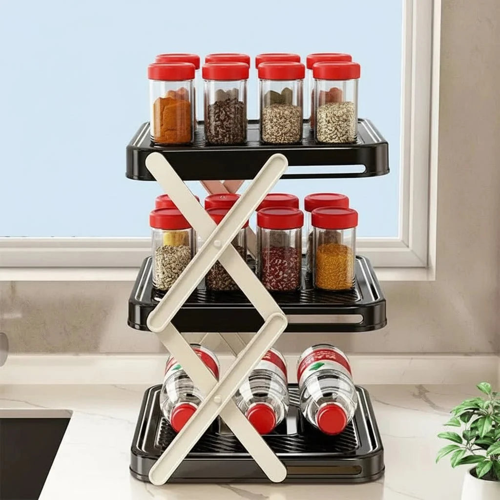 Spice Rack 3 Tier, Foldable Kitchen Shelf for Countertop, Spice Rack Organiser for Sauces and Utensils, Kitchen Storage