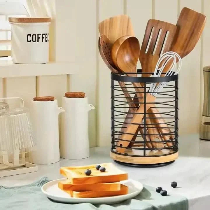 Rotating Kitchen Organiser, Lazy Susan Spice Rack for Worktop and Table, Kitchen Utensil Holder in Wood Look for Bottles_02