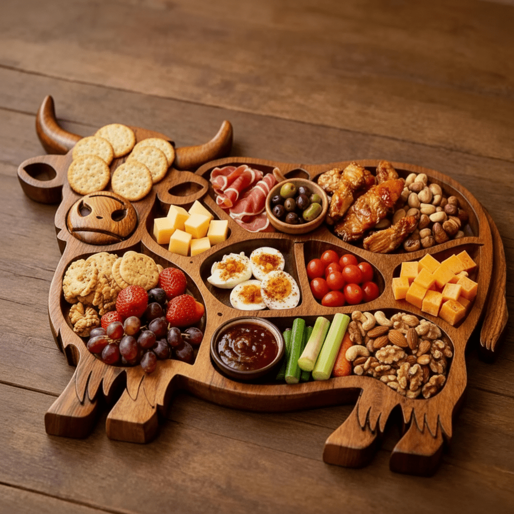 Charcuterie Board with Cow Motif, Wooden Cheese Board for Sausage and Snacks, Grazing Board for Parties, Serving Tray