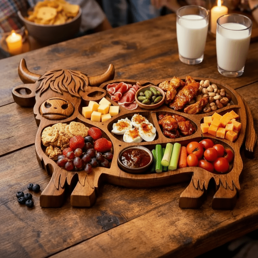 Charcuterie Board with Cow Motif, Wooden Cheese Board for Sausage and Snacks
