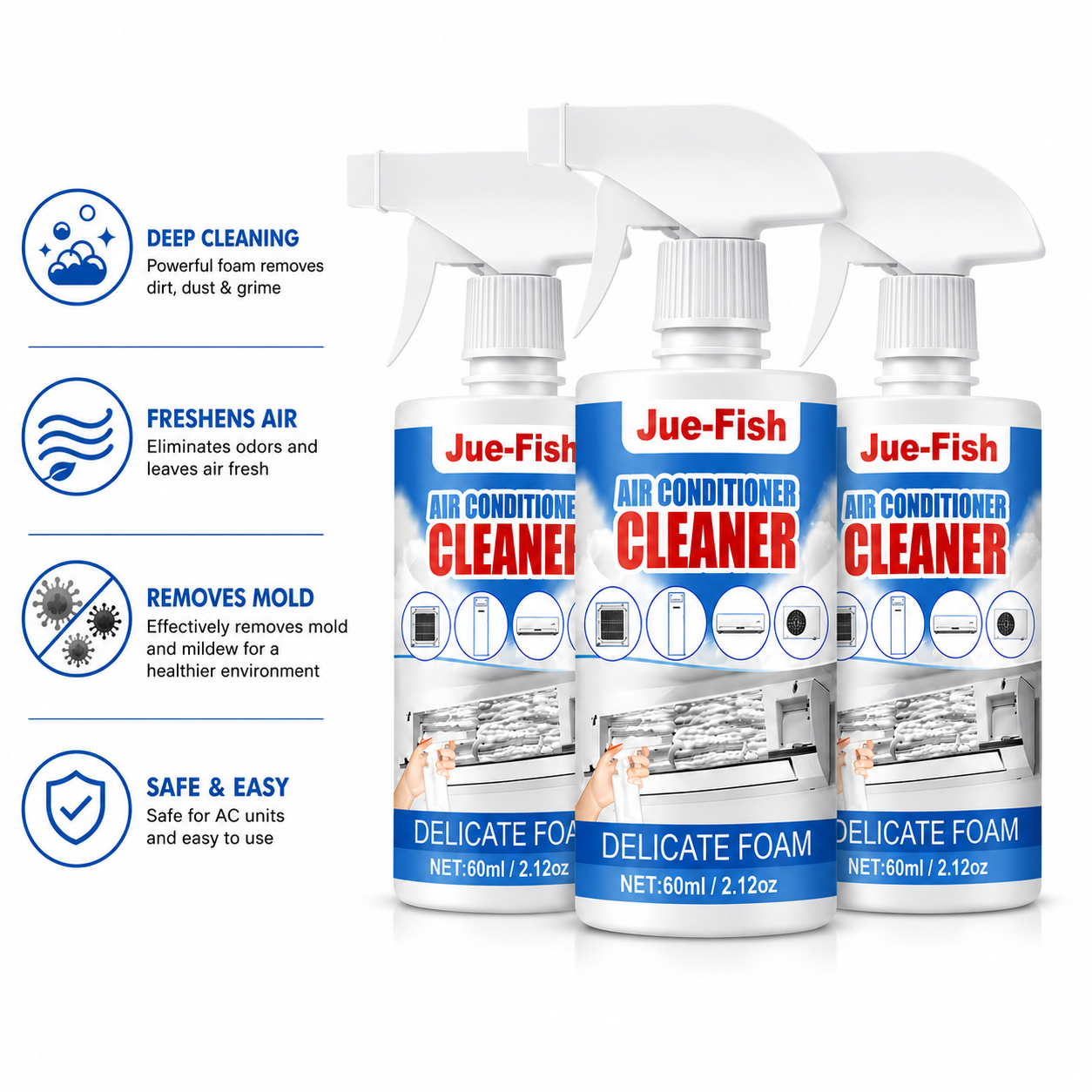 Home Essentials | Air Conditioner Foam Cleaner Spray with Easy Application | 3 Bottles for Fresh Airflow