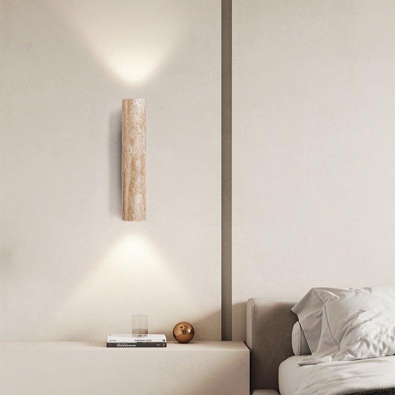 Japandi Collection | LED Wall Sconce Lighting with Beige Travertine & Wood Base | Modern Minimalist Design for Soft Ambient Illumination 1