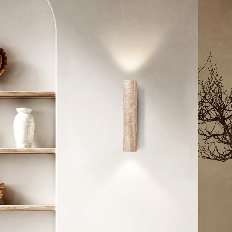 Japandi Collection | LED Wall Sconce Lighting with Beige Travertine & Wood Base | Modern Minimalist Design for Soft Ambient Illumination 3