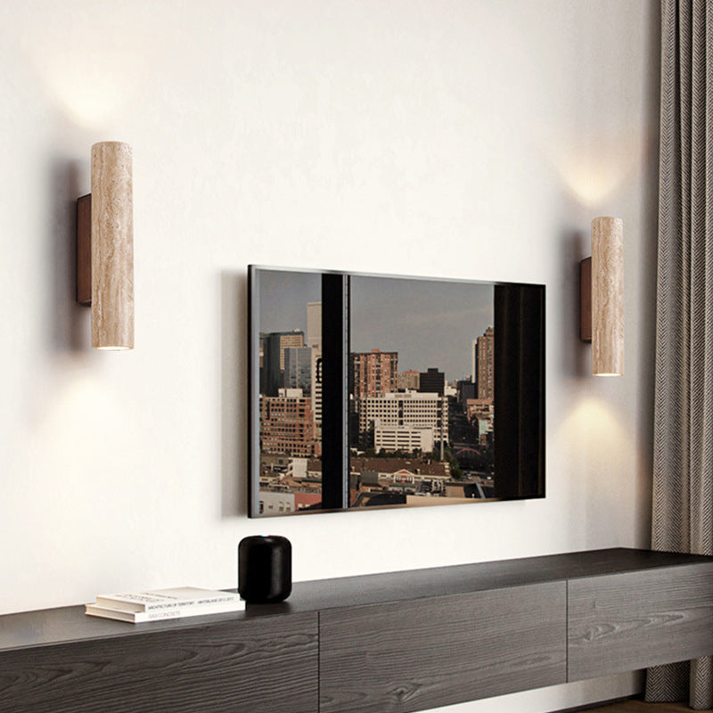 Japandi Collection | LED Wall Sconce Lighting with Beige Travertine & Wood Base | Modern Minimalist Design for Soft Ambient Illumination 5