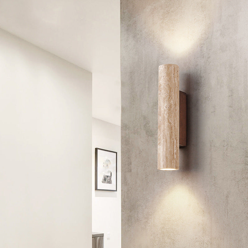 Japandi Collection | LED Wall Sconce Lighting with Beige Travertine & Wood Base | Modern Minimalist Design for Soft Ambient Illumination 6