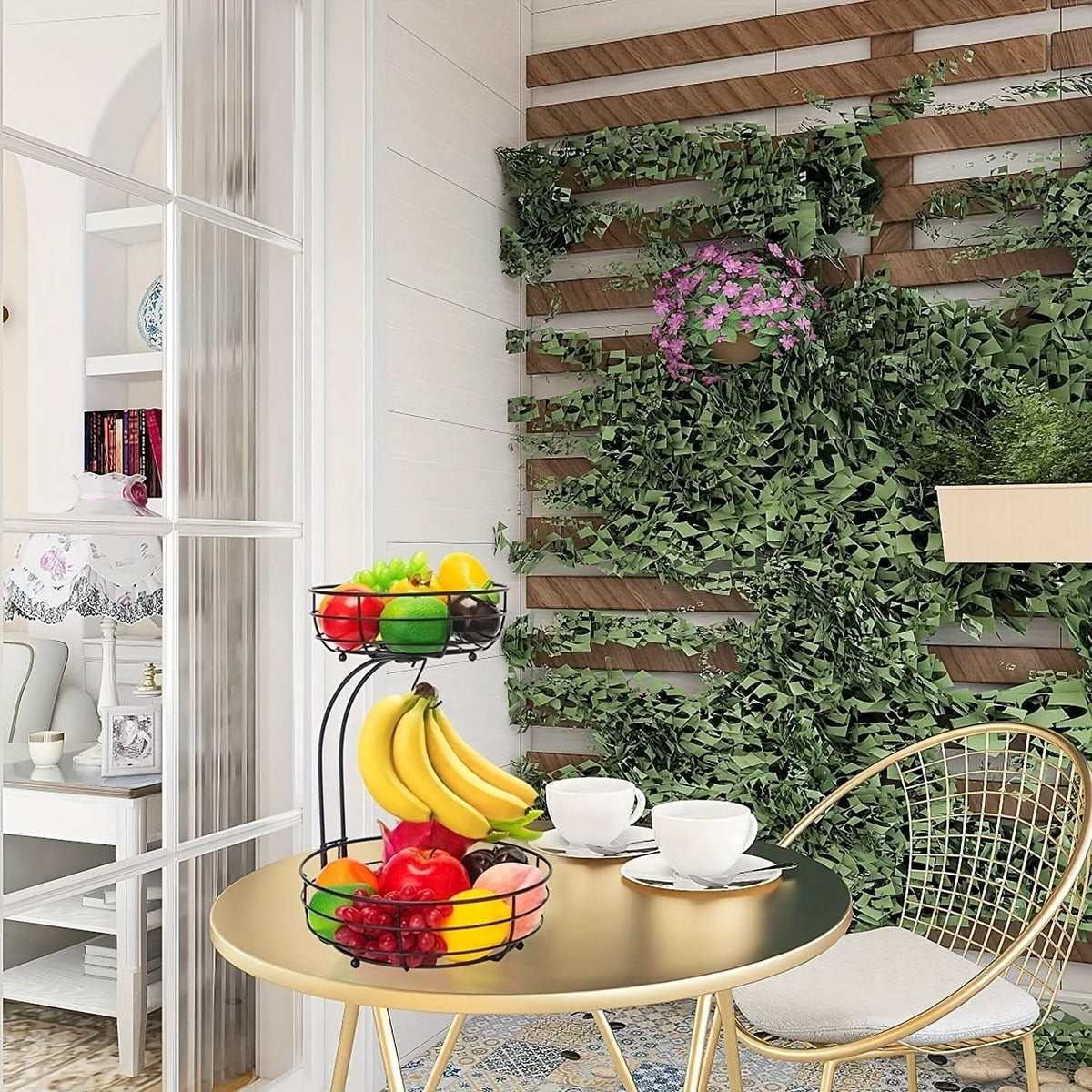 2 Tier Fruit Basket with Banana Holder, Fruit Bowl for Kitchen Storage
