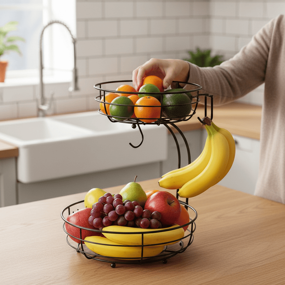 2 Tier Fruit Basket with Banana Holder, Kitchen Organiser for Fruit and Veg Storage