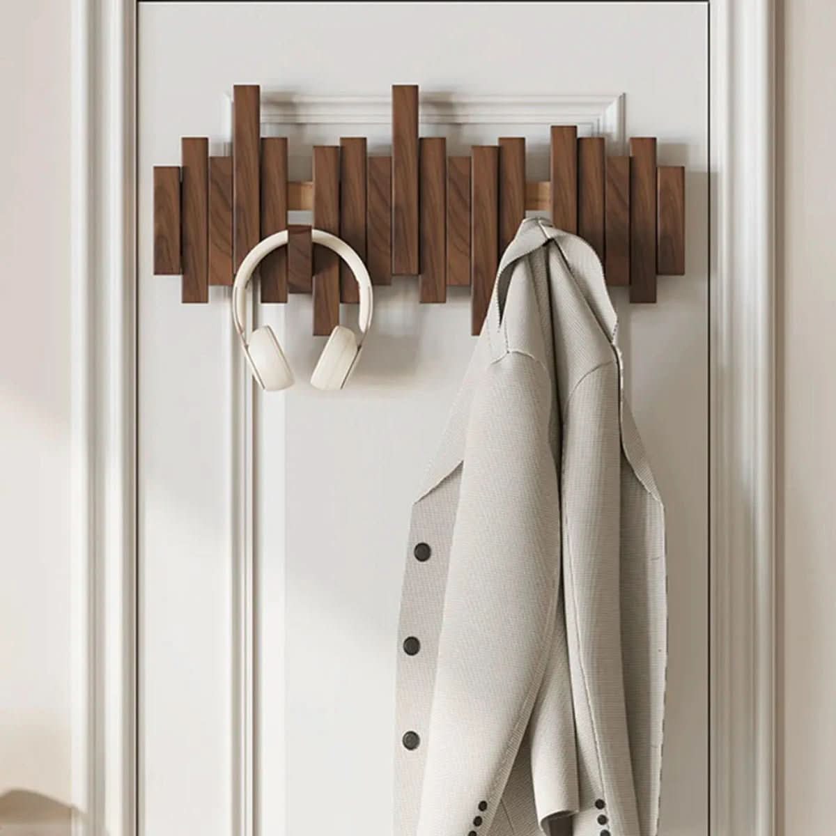 Wall Coat Rack, Wooden Coat Rack with Foldable Coat Hooks, Walnut or Beech Wood Piano Design for Hallway Storage_01