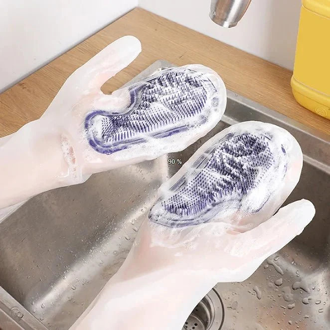 Washing Up Gloves with Bristles, Kitchen Gloves for Dishes and Pots, 32 cm PVC Cleaning Gloves with Scrubber