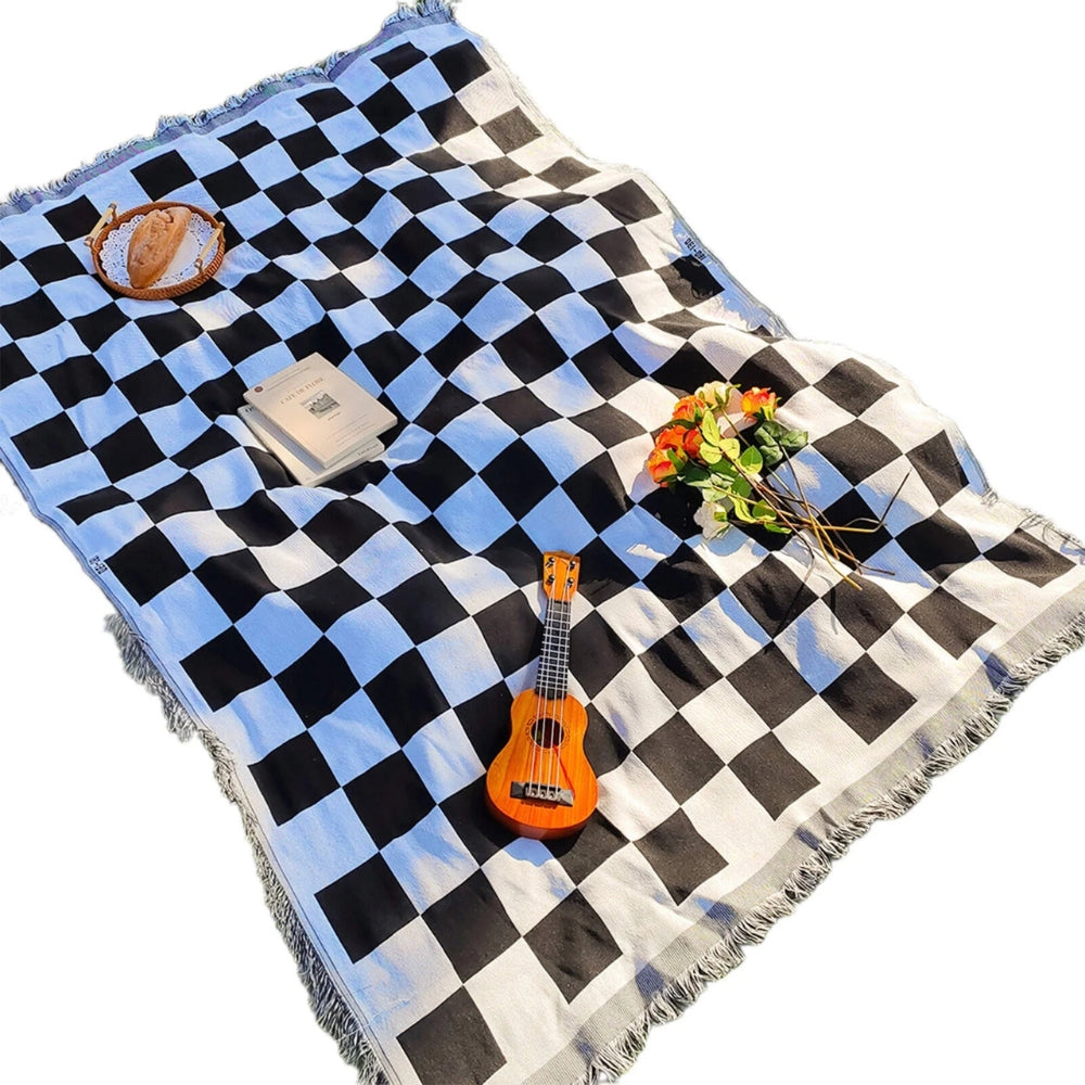 Large Checkered Picnic Blanket | Soft Microfiber with Stylish Fringe | Perfect Outdoor Mat for Relaxation 0