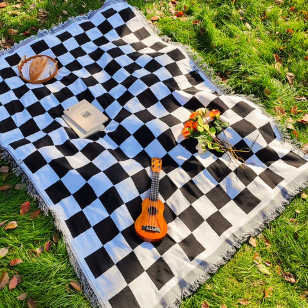 Large Checkered Picnic Blanket | Soft Microfiber with Stylish Fringe | Perfect Outdoor Mat for Relaxation