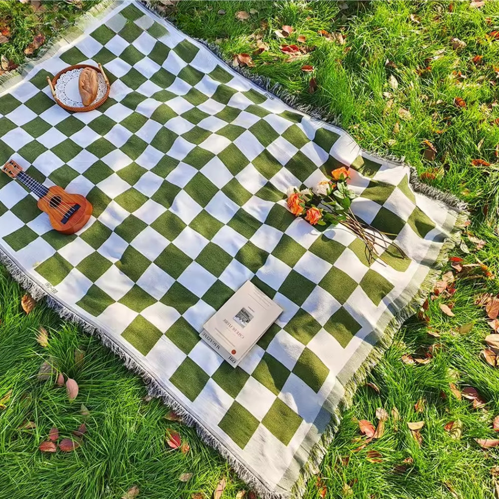 Large Checkered Picnic Blanket | Soft Microfiber with Stylish Fringe | Perfect Outdoor Mat for Relaxation 3