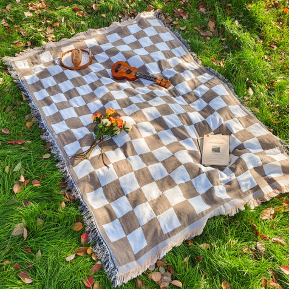 Large Checkered Picnic Blanket | Soft Microfiber with Stylish Fringe | Perfect Outdoor Mat for Relaxation 5