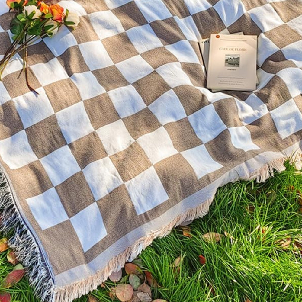 Large Checkered Picnic Blanket | Soft Microfiber with Stylish Fringe | Perfect Outdoor Mat for Relaxation 6