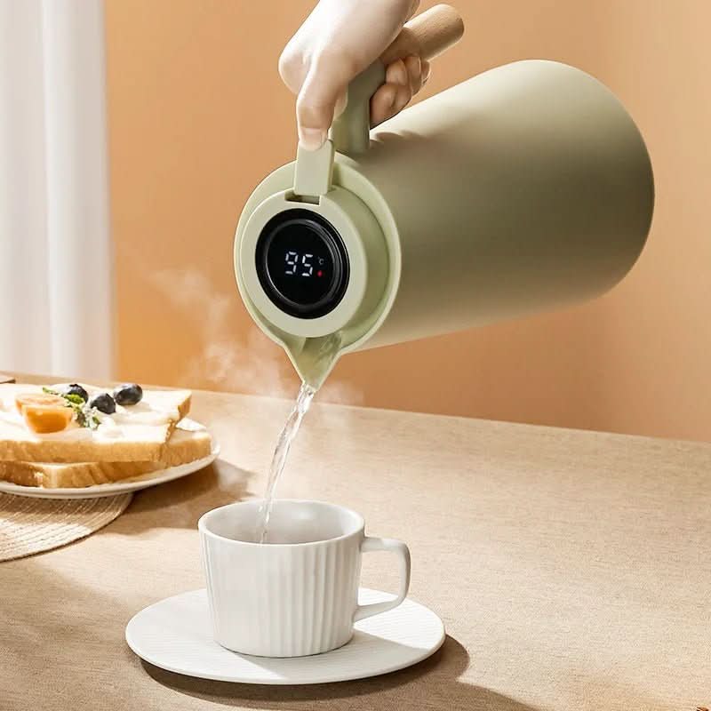 Thermos Flask 1 Litre, Hot Drinks Flask with Temperature Display, Double Walled Thermal Flask with Wooden Handle_01