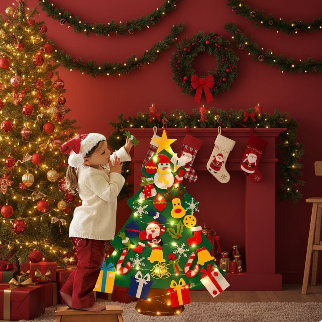 Felt Christmas Tree with Lights, Wall Christmas Tree for Kids with 30 Ornaments, Christmas Decorations for Wall