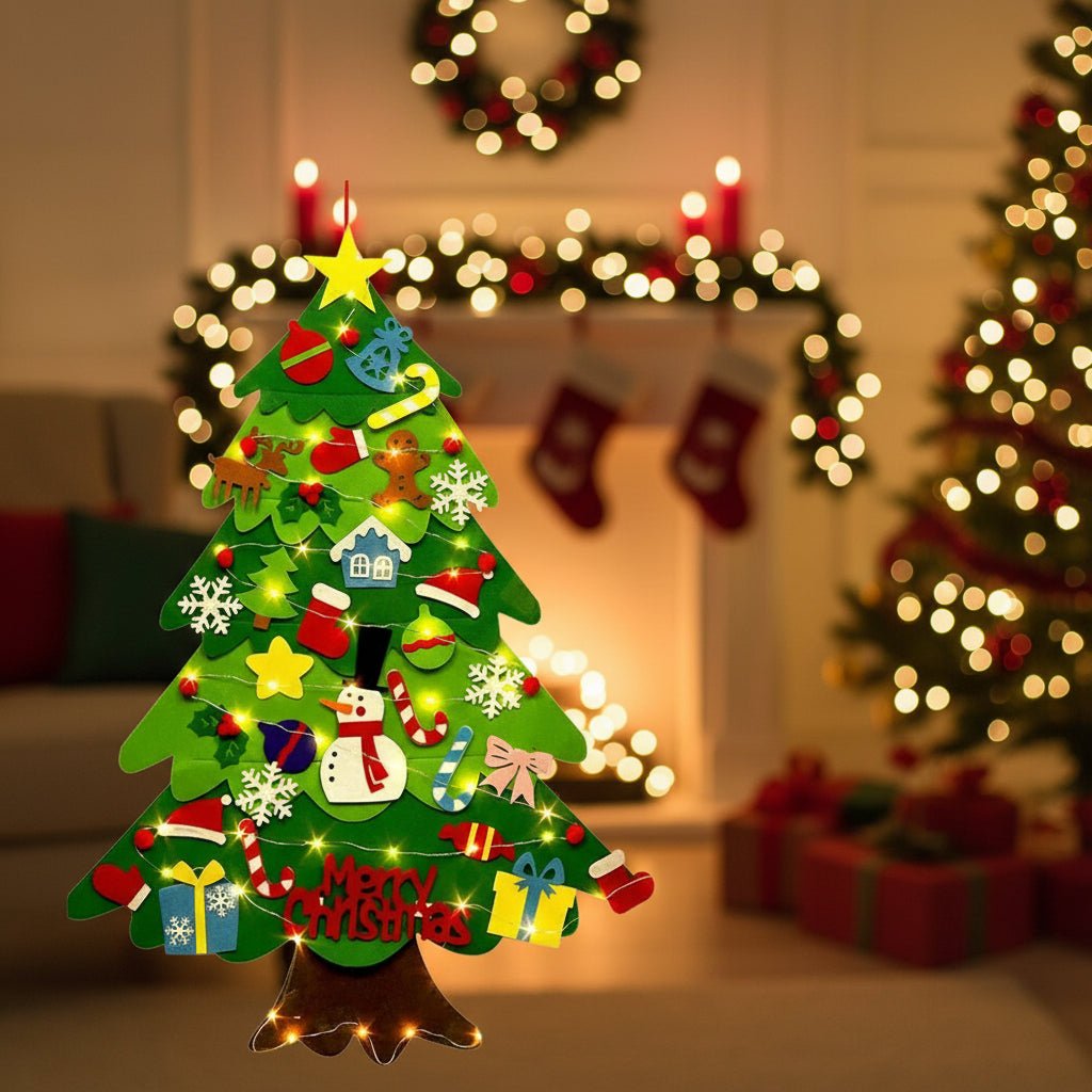 Felt Christmas Tree with Lights, Wall Christmas Tree for Kids with 30 Ornaments, Christmas Decorations for Wall