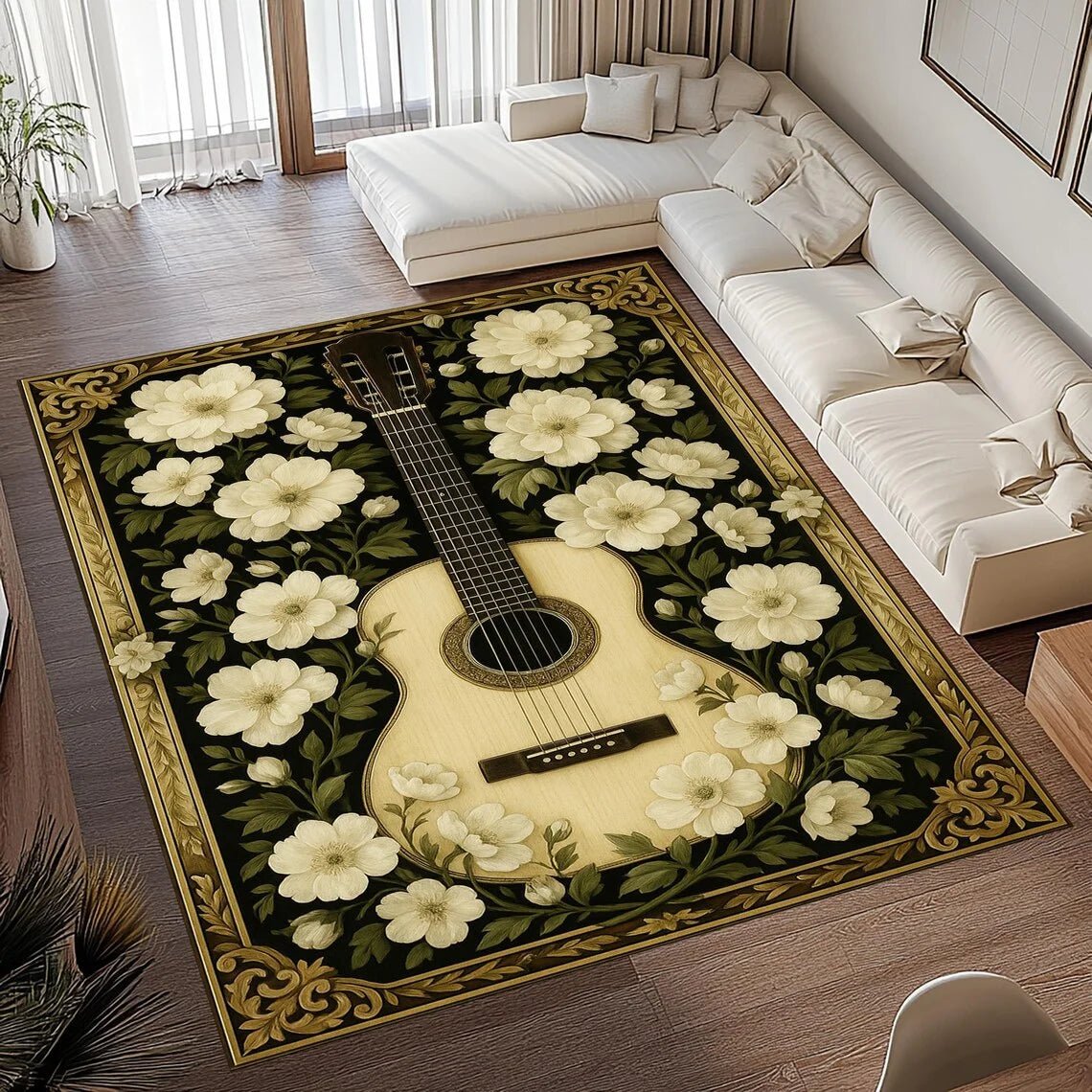 Washable Rug for Living Room, Vintage Rug with Guitar Design, Bedroom Rug with Non Slip Backing, Soft Flannel Carpet_03