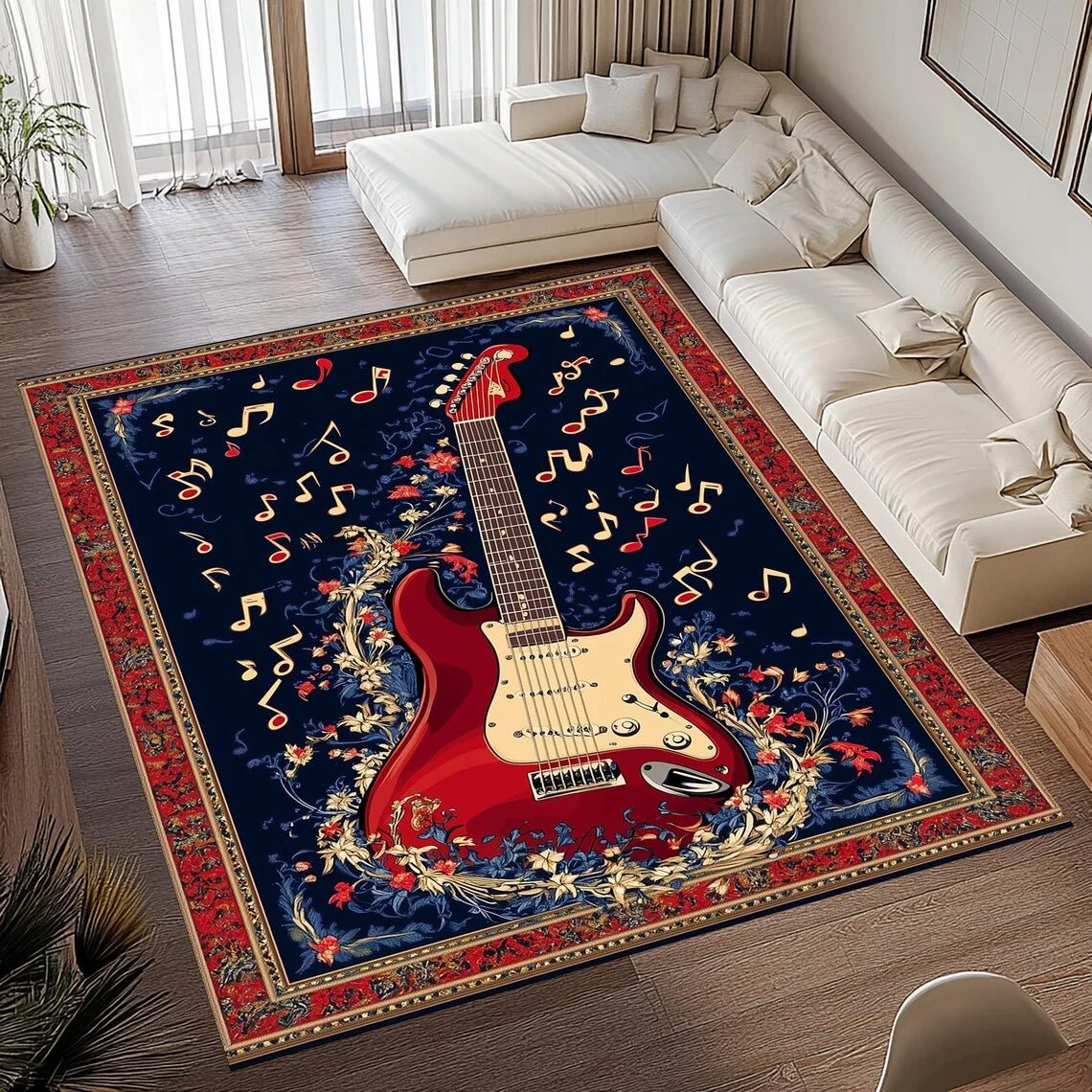 Washable Rug for Living Room, Vintage Rug with Guitar Design, Bedroom Rug with Non Slip Backing, Soft Flannel Carpet_04