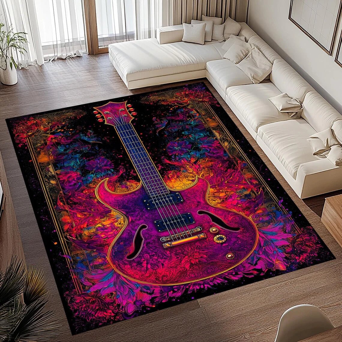 Washable Rug for Living Room, Vintage Rug with Guitar Design, Bedroom Rug with Non Slip Backing, Soft Flannel Carpet_07