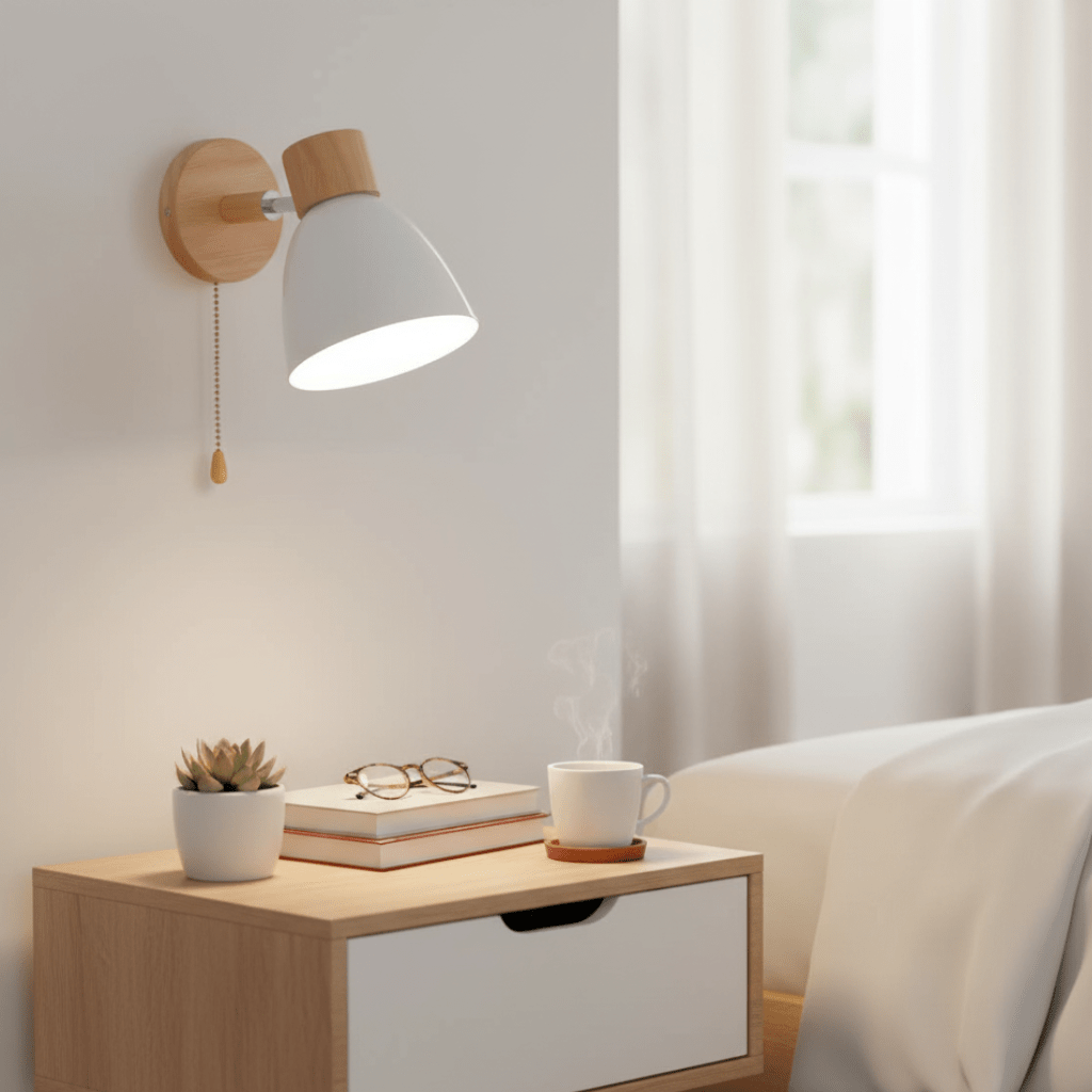 Living Room Wall Lights, Wooden Wall Light for Bedroom and Hallway, Modern Bedside Wall Lamp with Pull Switch_02