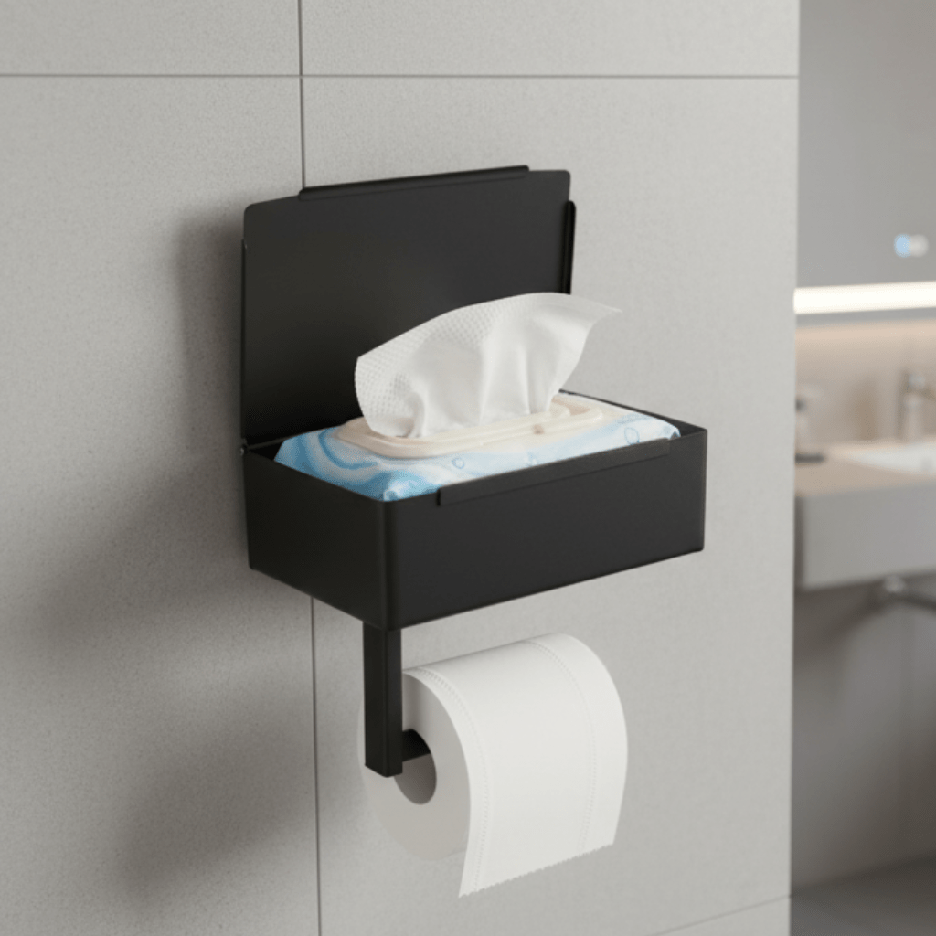 Wall Mounted Toilet Roll Holder with Storage, Steel Toilet Paper Holder, Bathroom Storage, Bathroom Accessories
