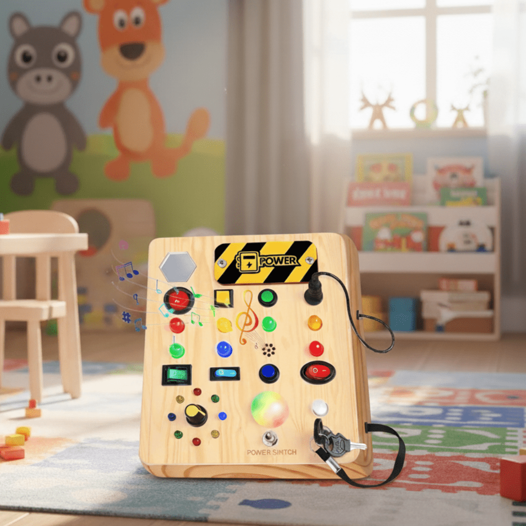 Montessori Busy Board with Lights and Music, Sensory Toys for 1 Year Old, Wooden Toys, Toddler Toys_00