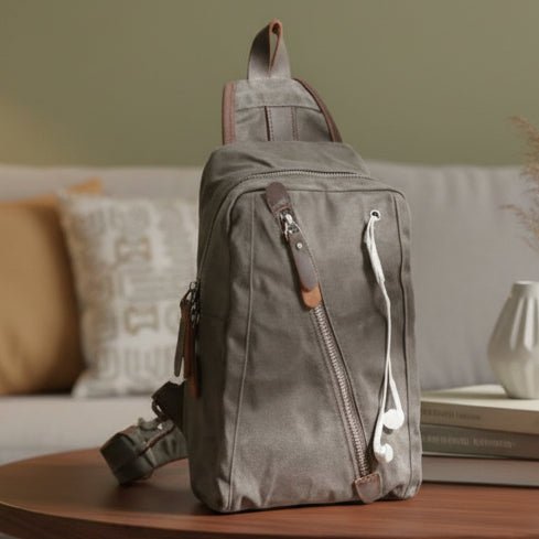 Canvas Sling Backpack, Sling Bags with Vegan Leather Trim and Multiple Compartments, Travel Sling Bag for Everyday Use