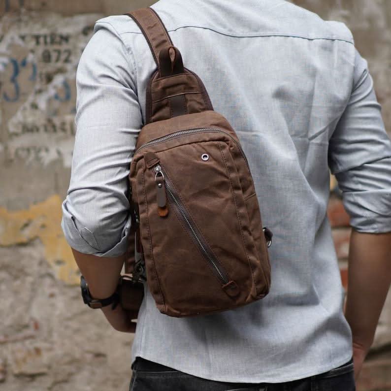 Canvas Sling Backpack, Sling Bags with Vegan Leather Trim and Multiple Compartments – image 4