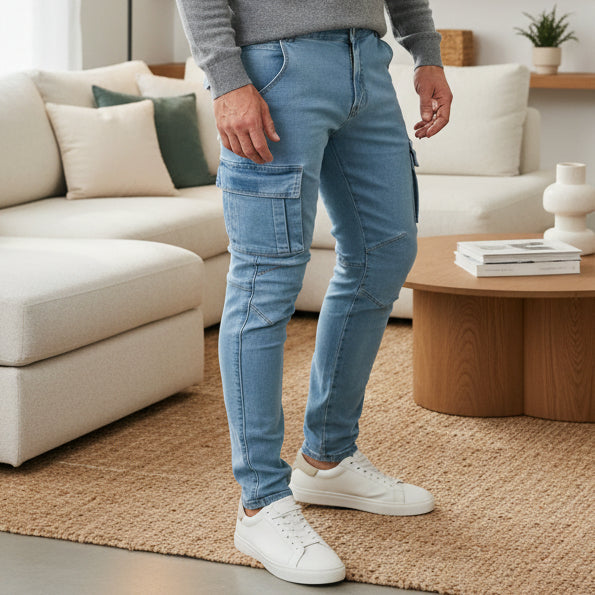 Mens Cargo Jeans, Slim Fit Stretch Mens Jeans with Pockets, Denim Cargo Trousers Men, Cargo Pants