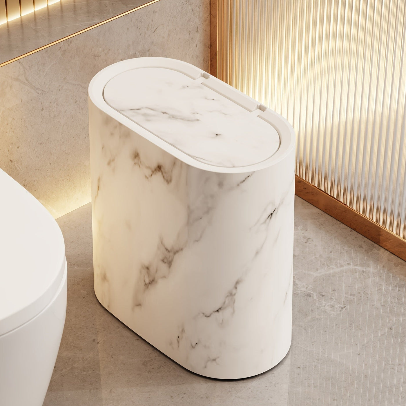 Modern Waste Bin | Slim Oval Trash Can with Covered Lid | Stylish Marble Finish for Compact Spaces 2