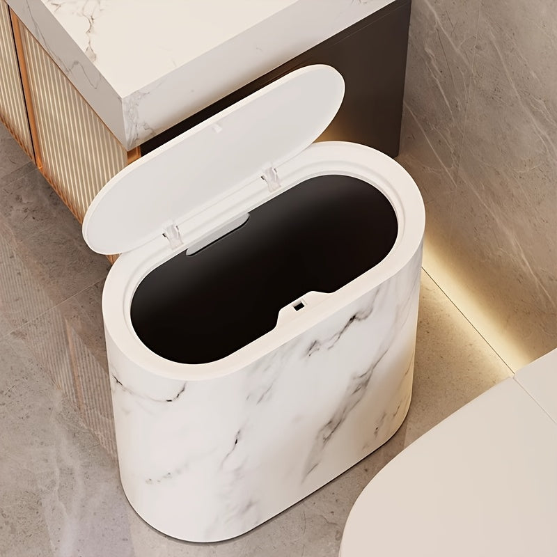 Modern Waste Bin | Slim Oval Trash Can with Covered Lid | Stylish Marble Finish for Compact Spaces 5