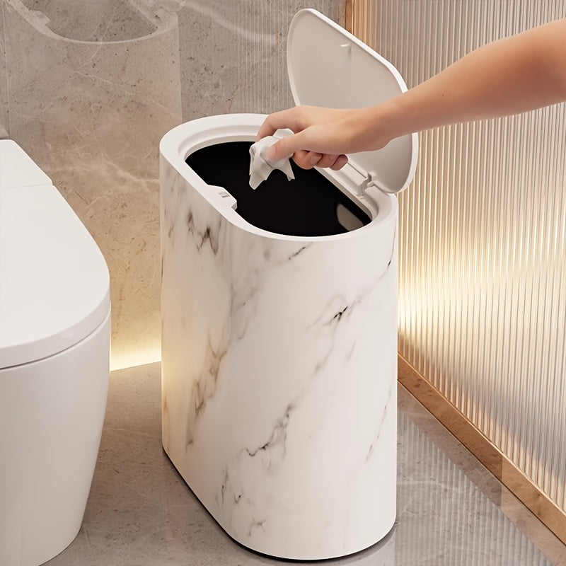 Modern Waste Bin | Slim Oval Trash Can with Covered Lid | Stylish Marble Finish for Compact Spaces 8